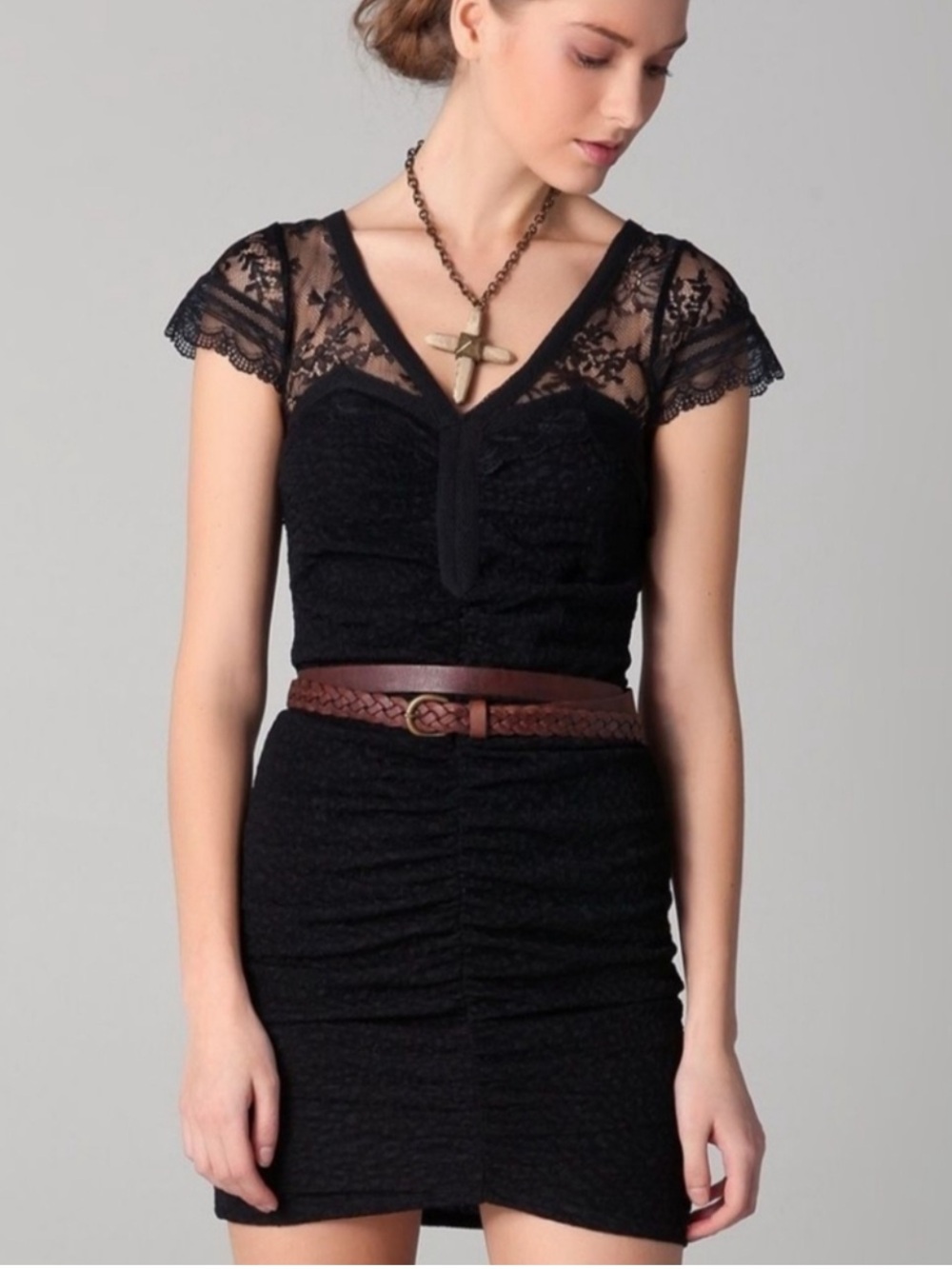 Free People Lace Envy Ruched Bodycon Mini Dress Black Medium